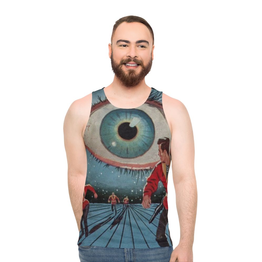 Unisex sci-fi tank top with Eye in the Sky Kindred Ubiquity design - men