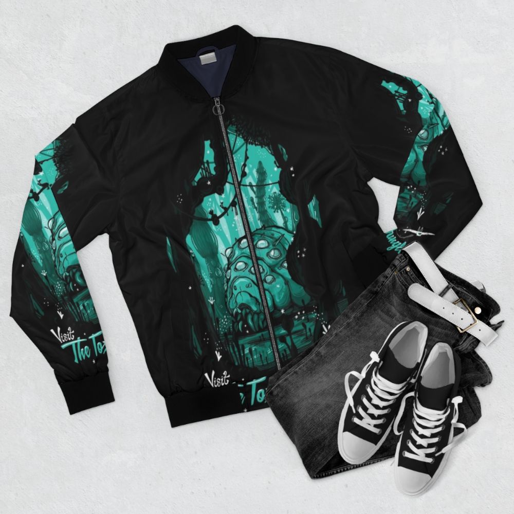 Toxic Jungle Bomber Jacket with Nausicaä and Ohmu Designs - Flat lay