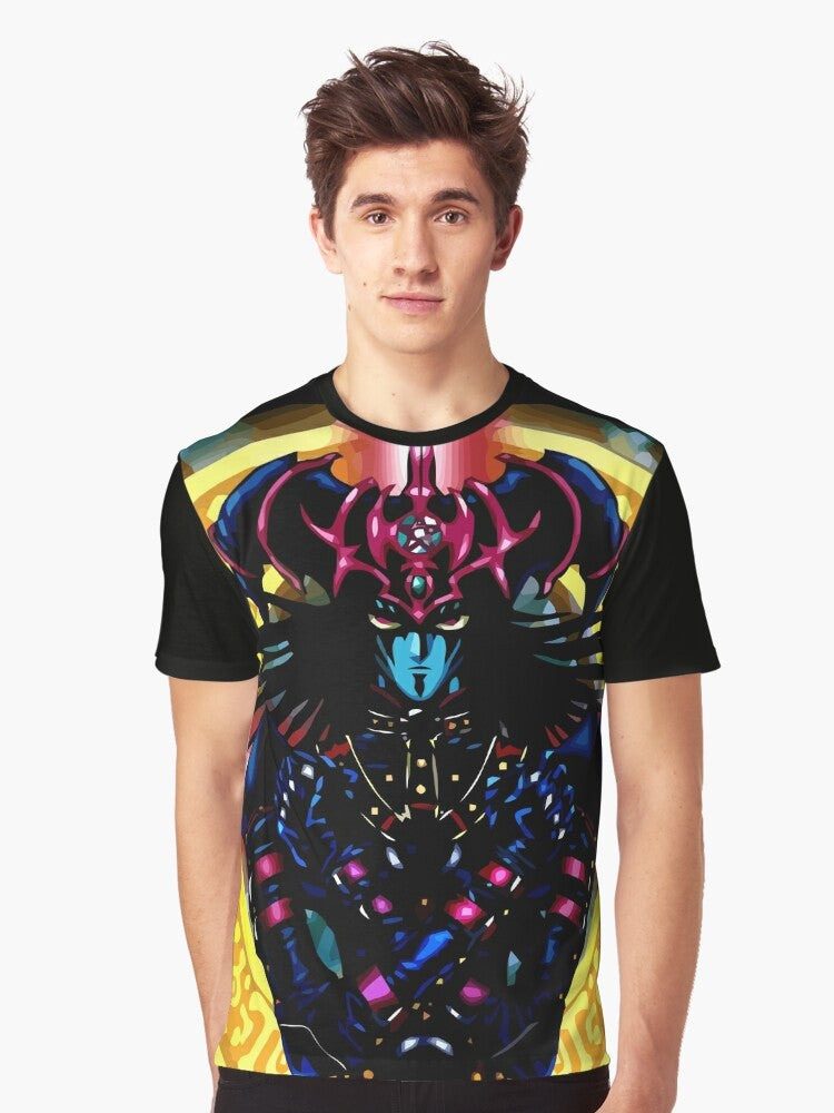 A graphic t-shirt featuring iconic Yu-Gi-Oh! characters like Dark Magician and Seto Kaiba, along with Egyptian god cards. - Men