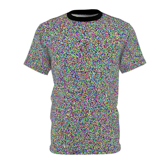 Mockup of a t-shirt featuring a stylized design with static and white noise effects, in a retro, glitch art style.