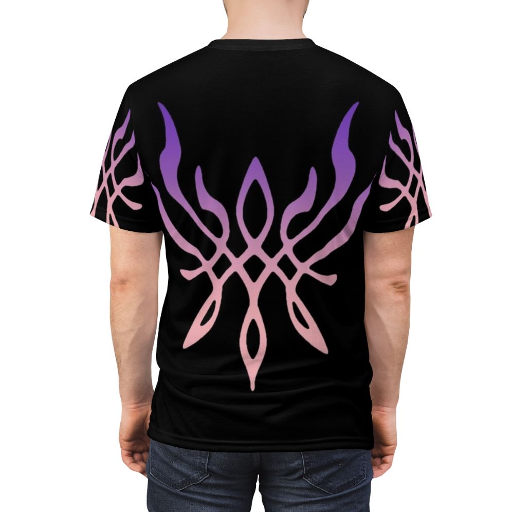 Custom fire emblem-inspired t-shirt featuring a vibrant crest of flames design - men back