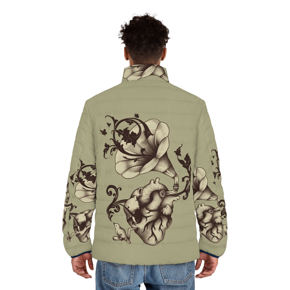 A puffer jacket featuring a surreal heart design with a gramophone, bird, and butterfly elements - men back