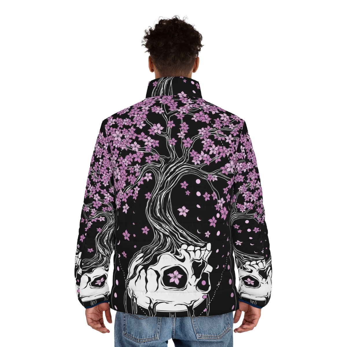 Afterlife puffer jacket with skull and cherry blossom floral design - men back