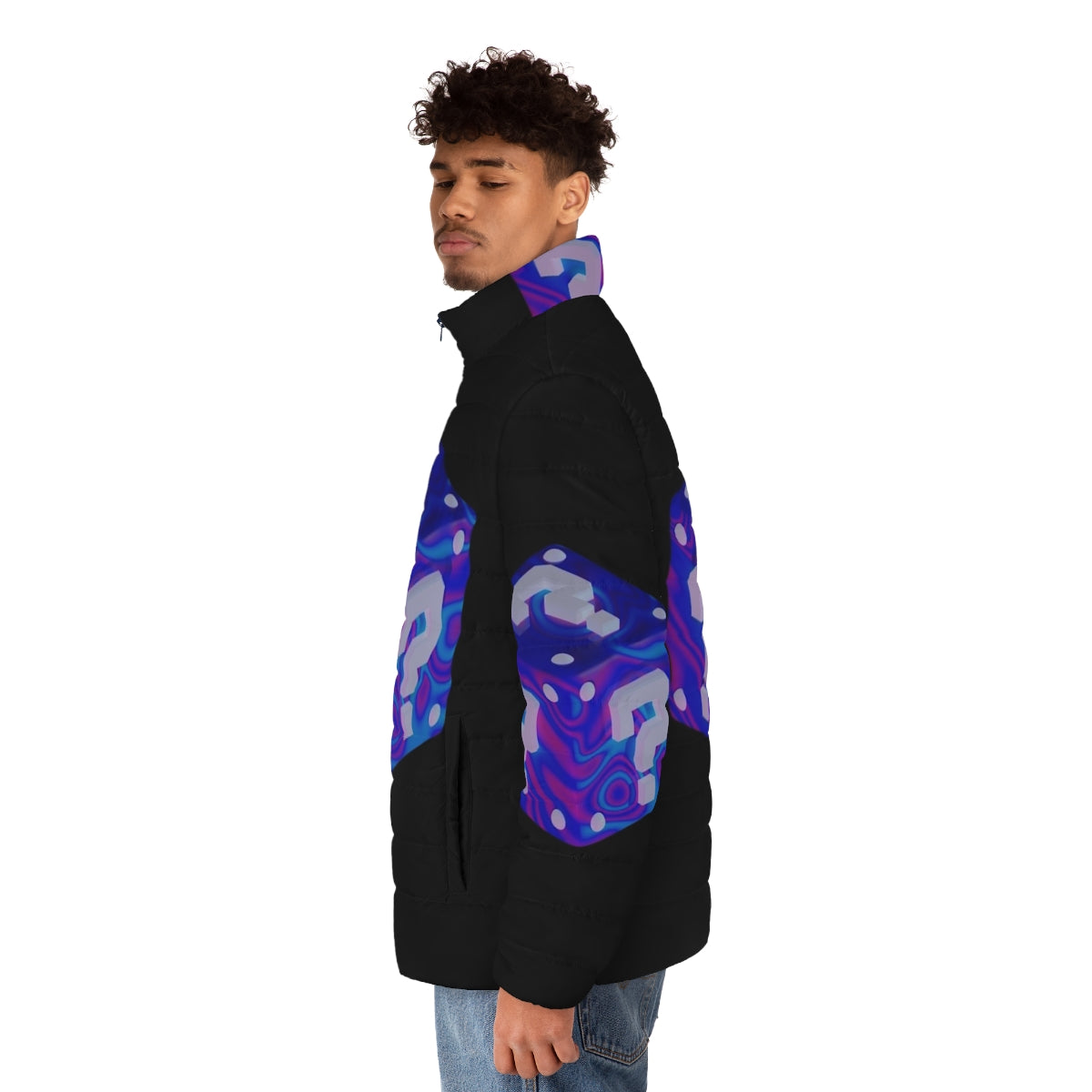 Mystery Box Puffer Jacket with psychedelic, geometric design - men side left