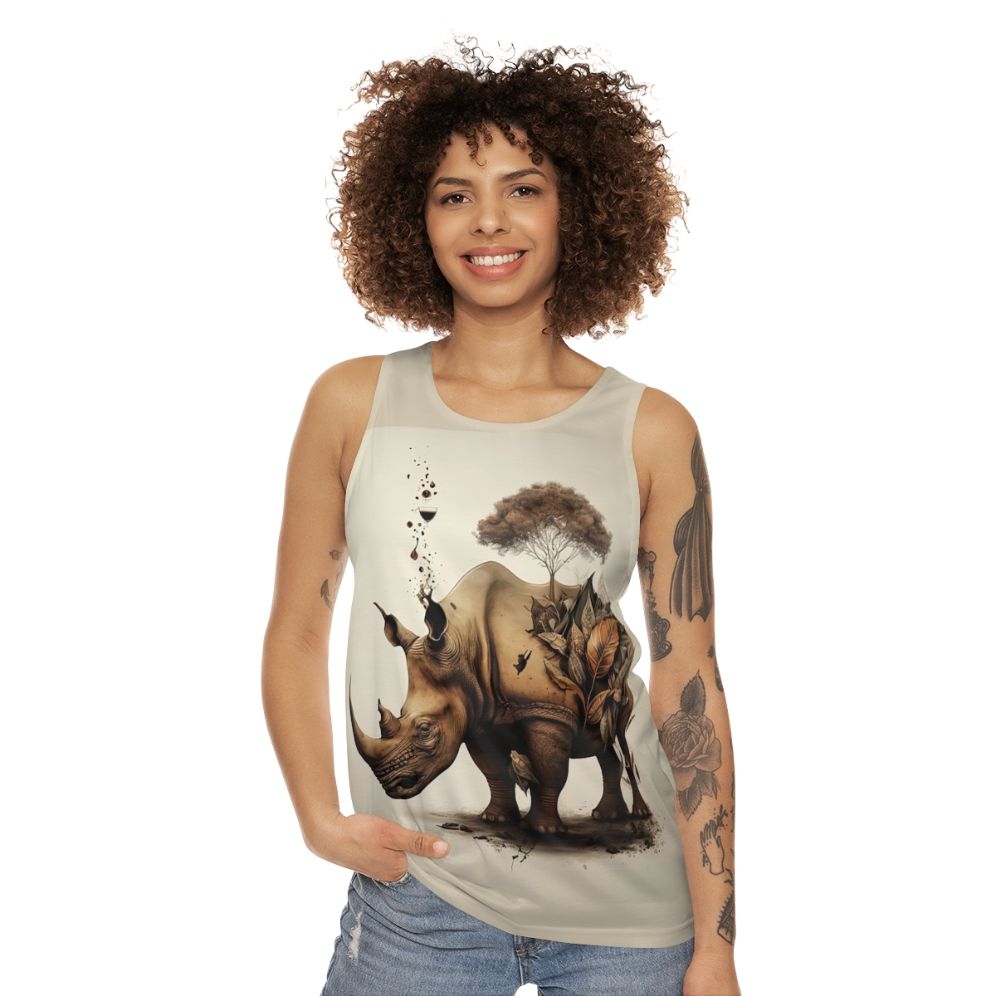 Rhinoceros with floral and botanical graphics on a unisex tank top - women