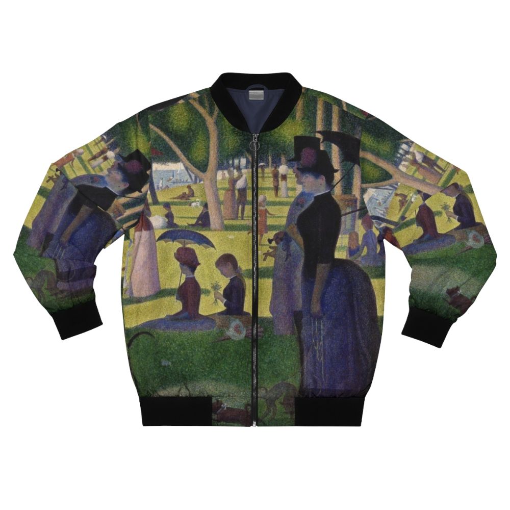 A bomber jacket featuring a pointillist design inspired by Georges Seurat's painting 'Sunday Afternoon on La Grande Jatte'