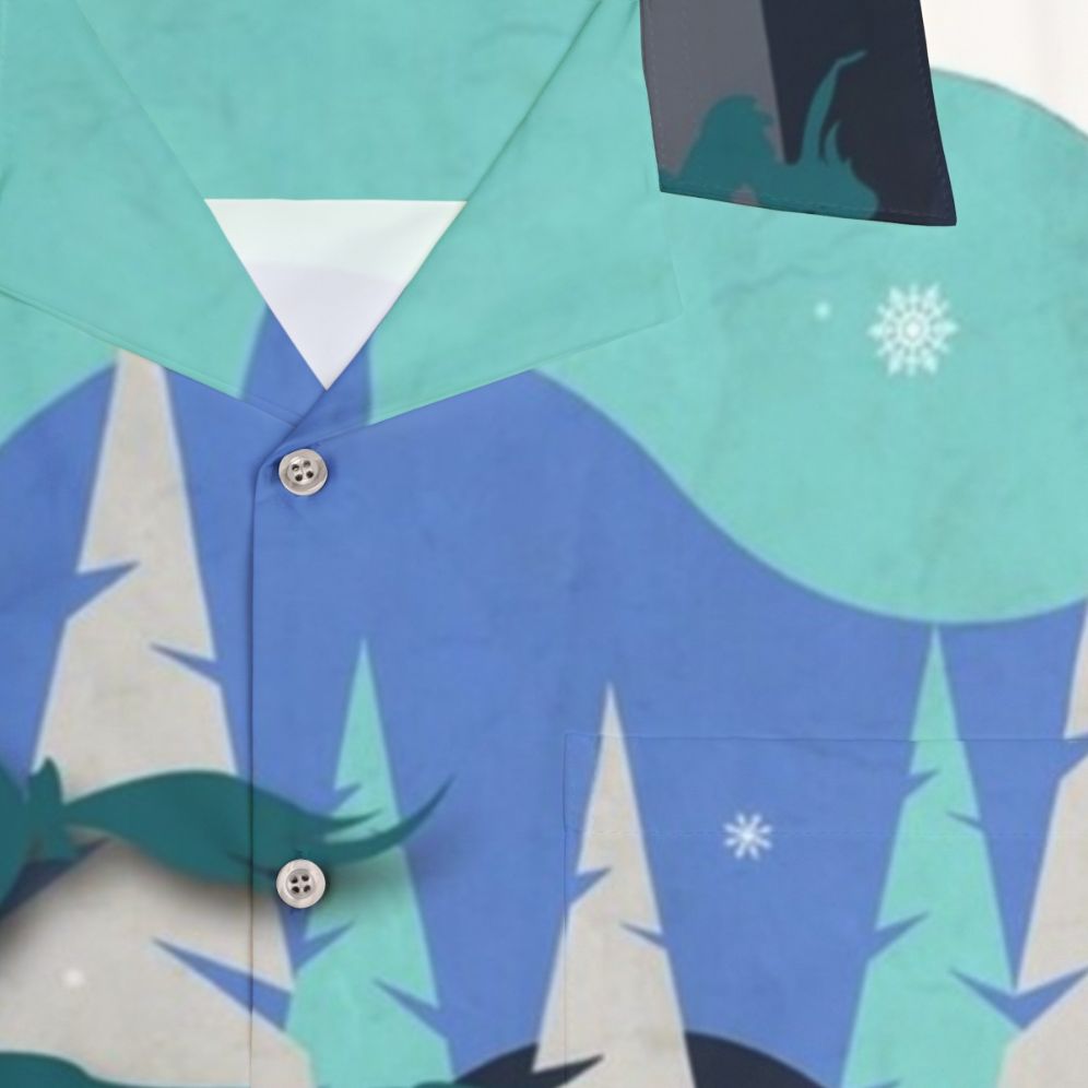 Ice Skater Wearing a Festive Hawaiian Shirt with Holiday Graphics - Detail