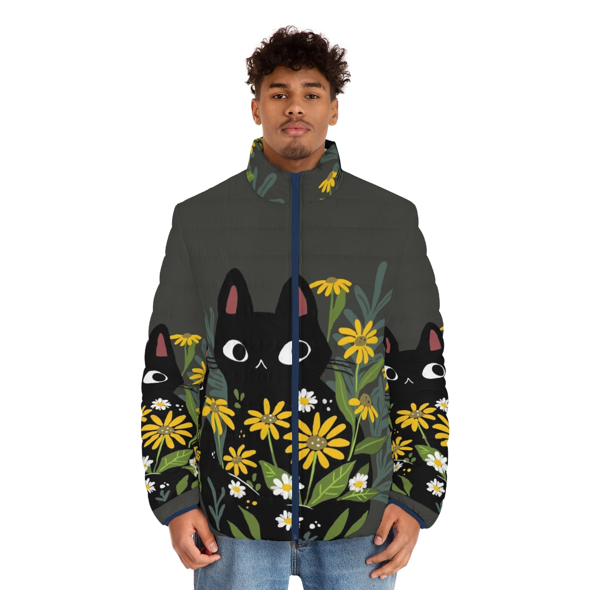 Black cat puffer jacket with colorful flowers - men front