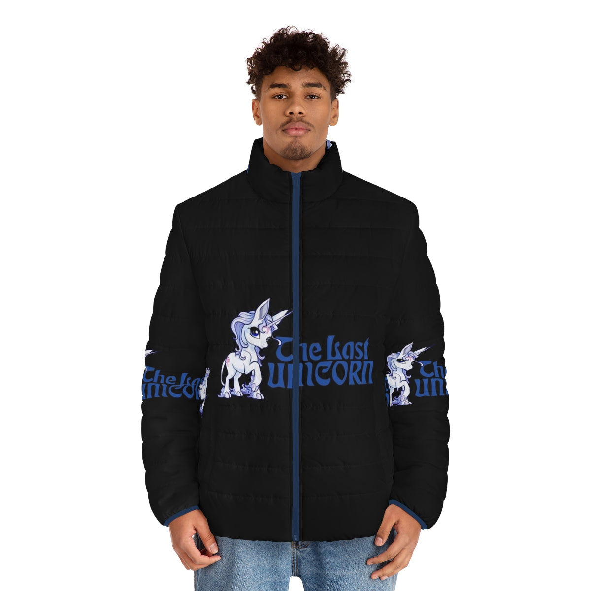 A puffer jacket featuring the iconic imagery of the last unicorn from the beloved anime film. - men front