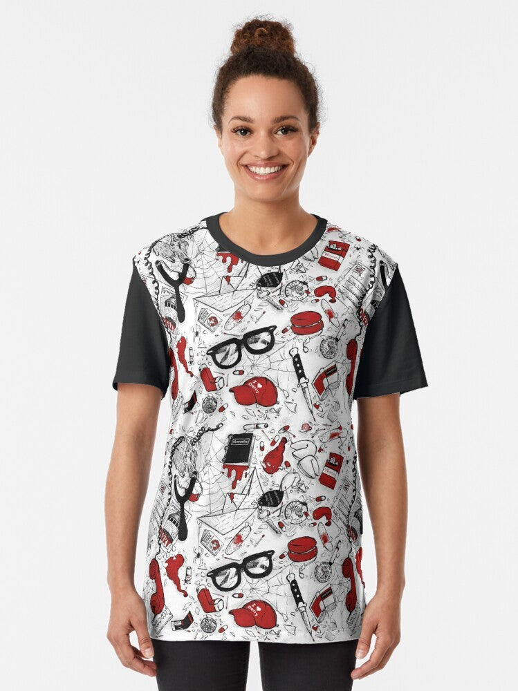 The Losers Club Repeating Pattern Graphic T-Shirt, featuring characters from Stephen King's IT movie and novel - Women