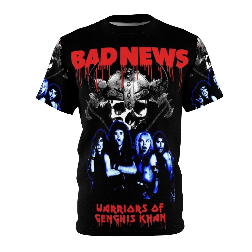 T-shirt featuring a parody design paying homage to the fictional heavy metal band "Bad News" from the British comedy series "The Young Ones"