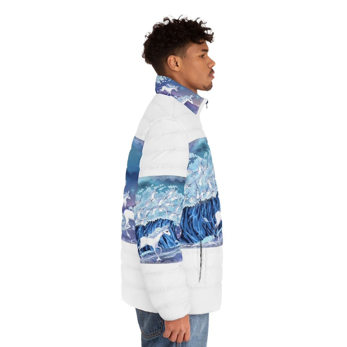 Puffer jacket featuring enchanting unicorns swimming in the sea - men side right