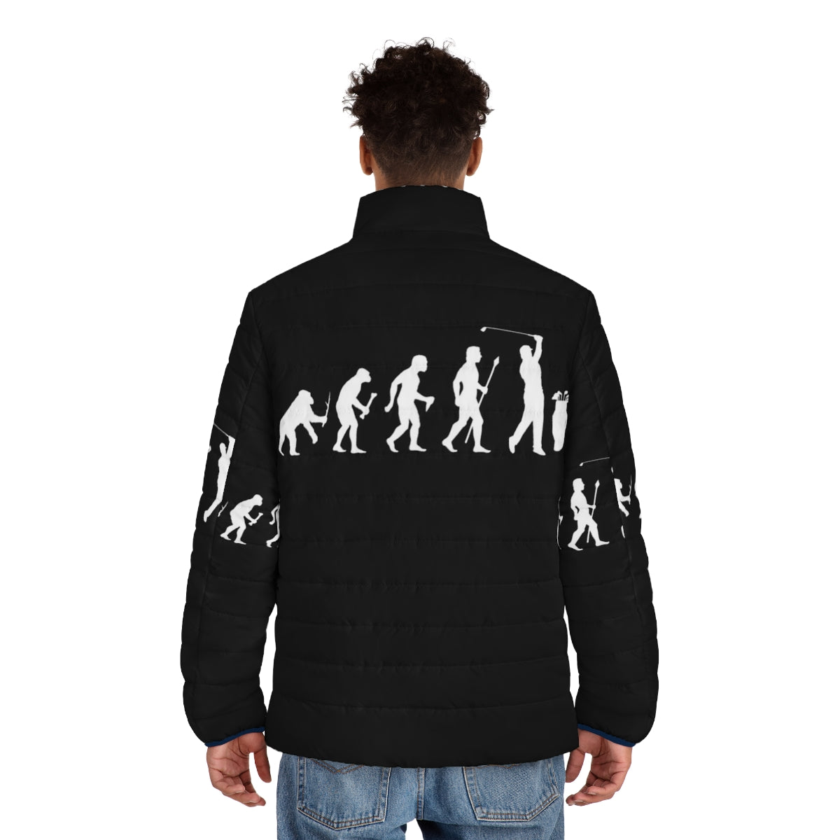 A puffer jacket featuring a humorous design depicting the evolution of a golfer - men back