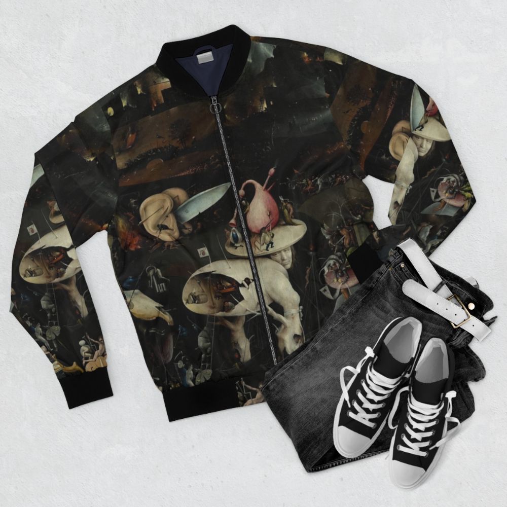 Bomber jacket featuring the iconic Hieronymus Bosch painting 'The Garden of Earthly Delights' - Flat lay