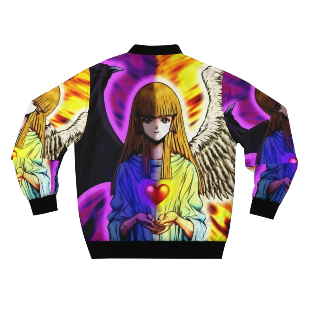 Yu-Gi-Oh inspired "Change of Heart" bomber jacket featuring anime elements and characters. - Back