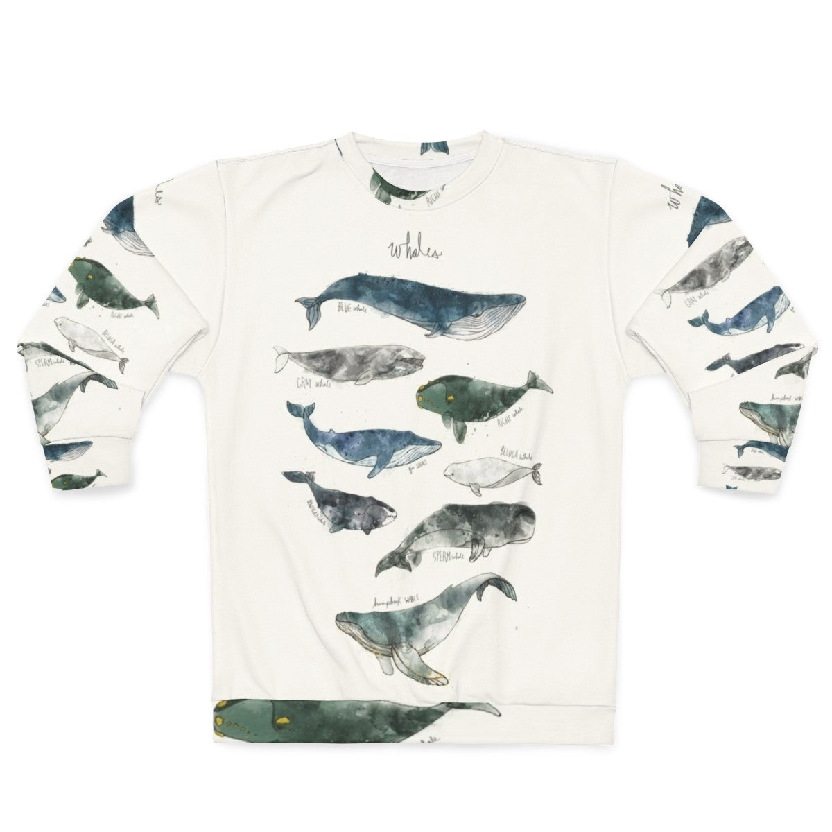 Watercolor whales sweatshirt featuring humpback and beluga whale designs