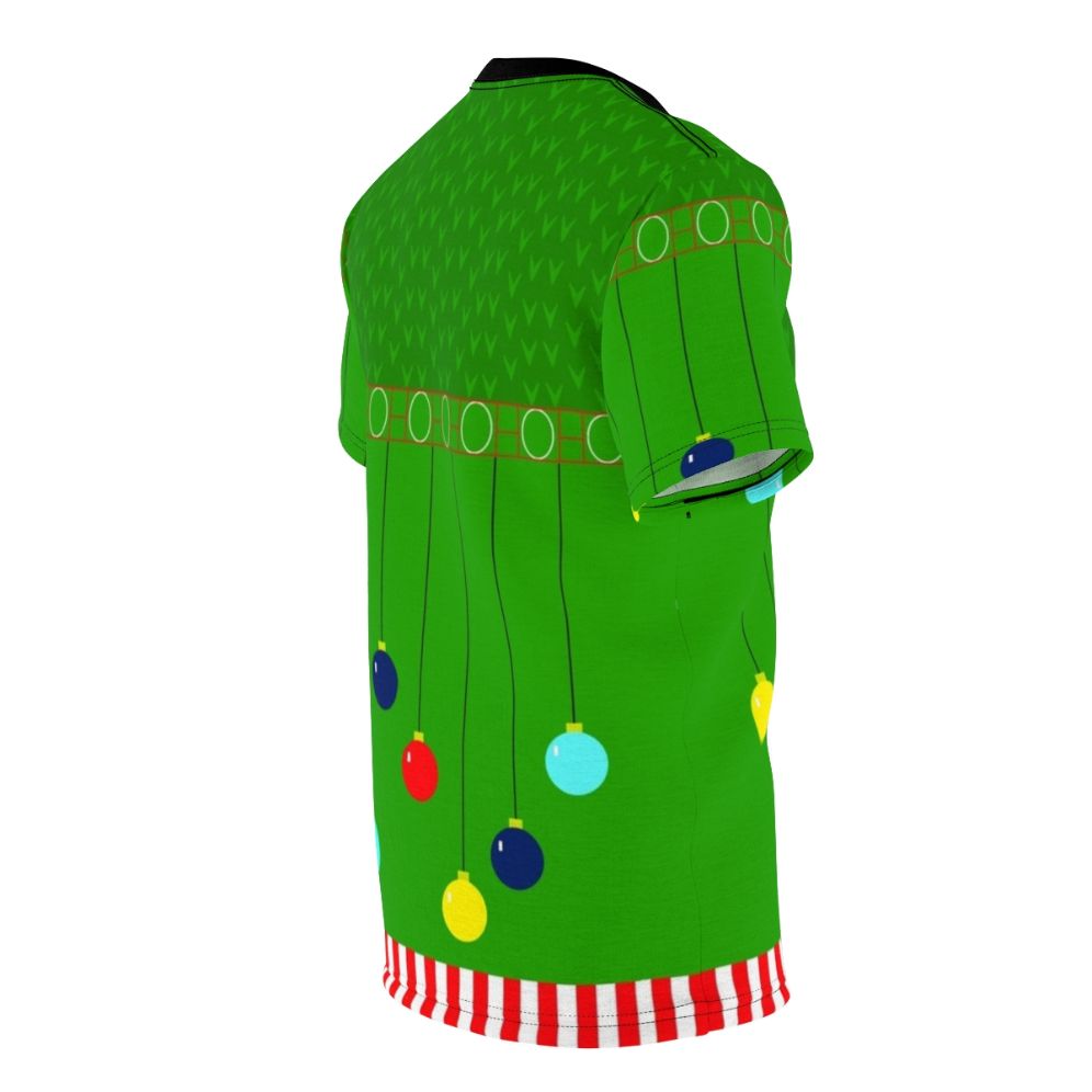 Image of a green and red t-shirt with a bold, festive Arthur Christmas sweater design - men right