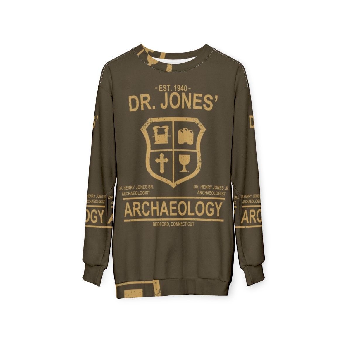 Archaeology-themed sweatshirt with Indiana Jones design - hanging