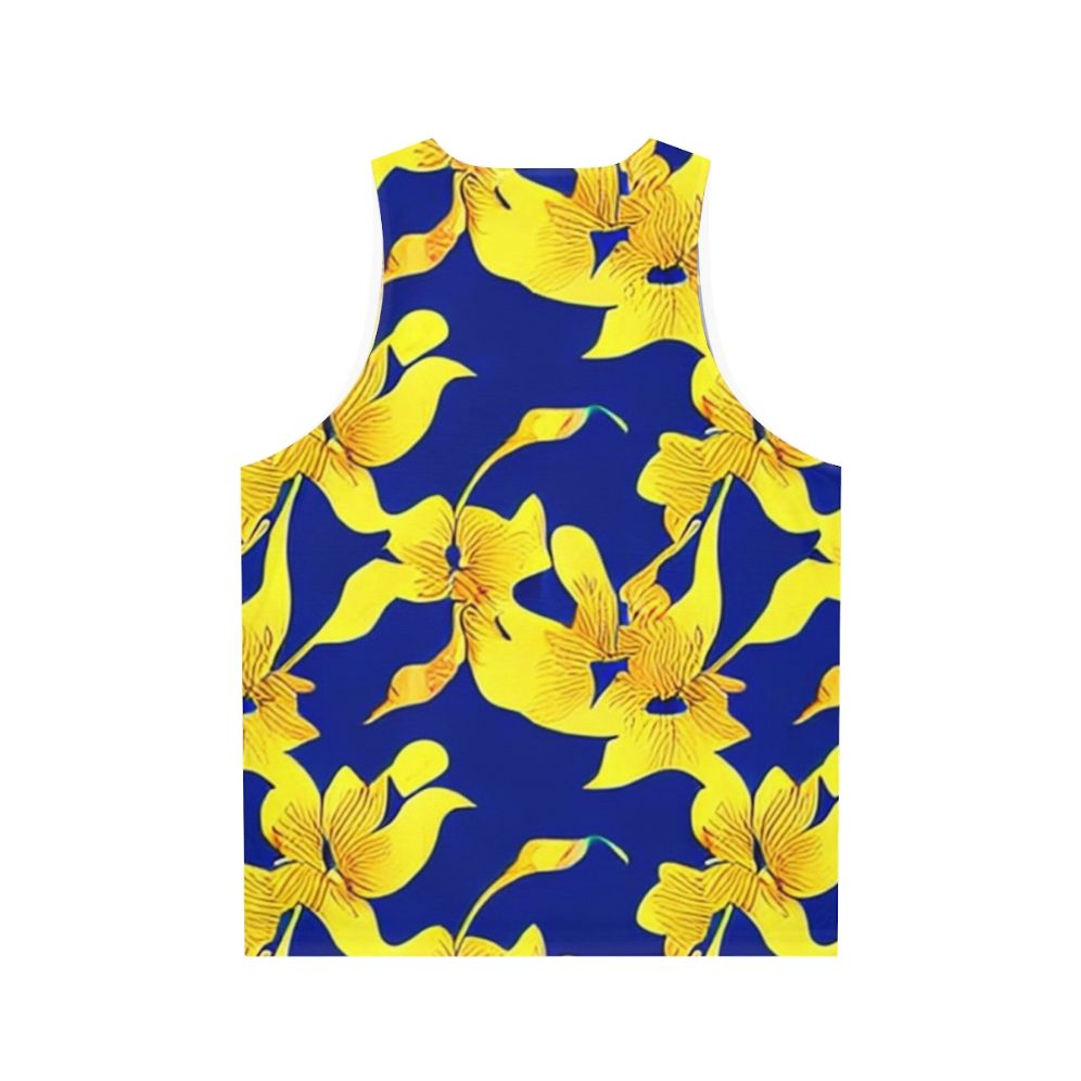 Abstract yellow floral pattern on blue unisex tank top - Back