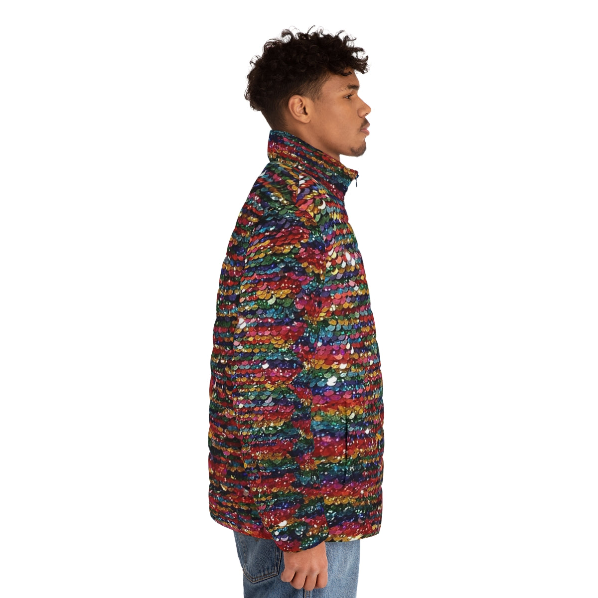 Vibrant rainbow sequin puffer jacket with a sparkling, iridescent finish - men side right