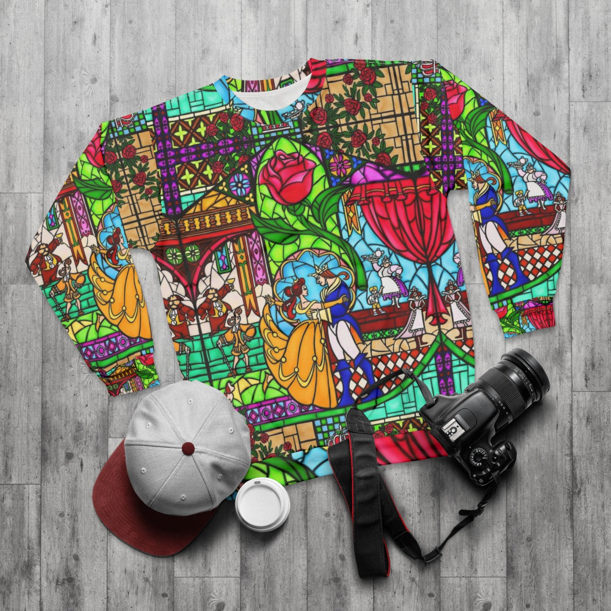 Stained glass window sweatshirt with rose pattern - flat lay