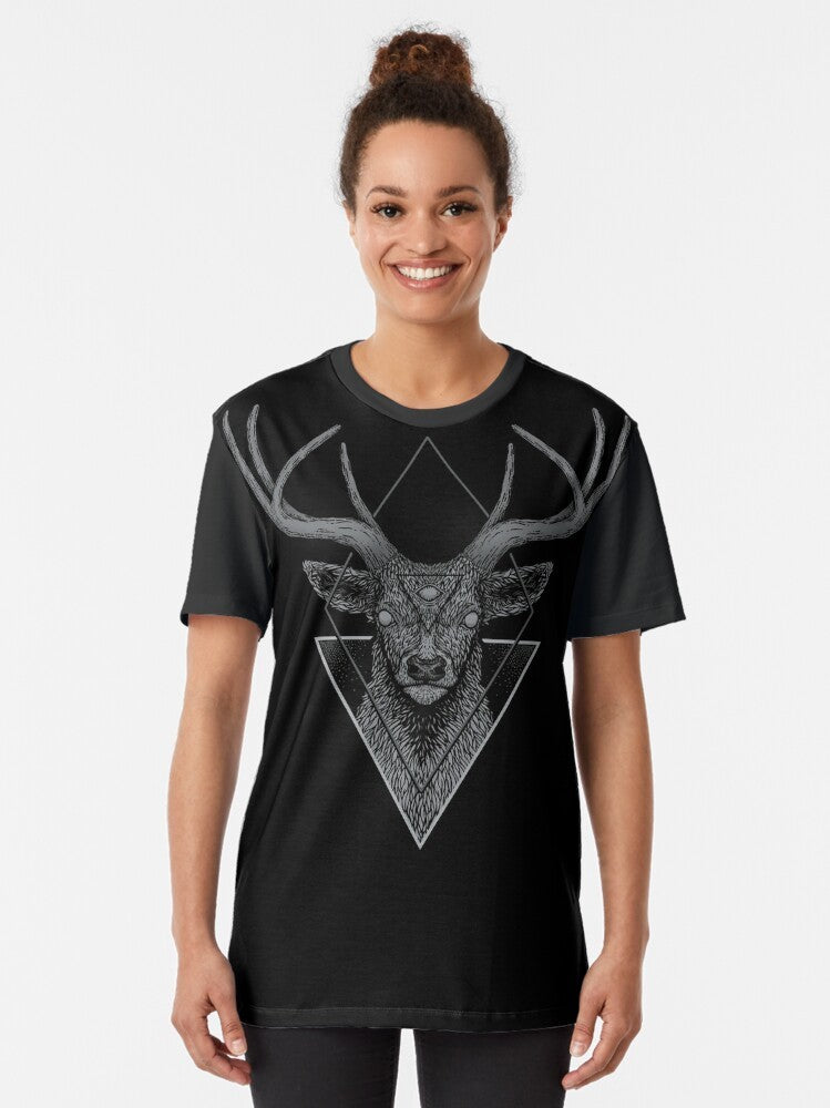 Dark Deer Graphic T-Shirt featuring a geometric animal design - Women