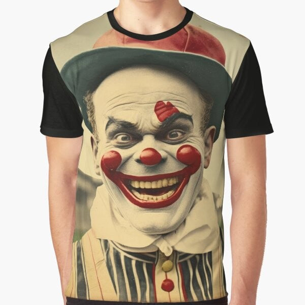 Vintage-style graphic t-shirt with a creepy, scary clown design