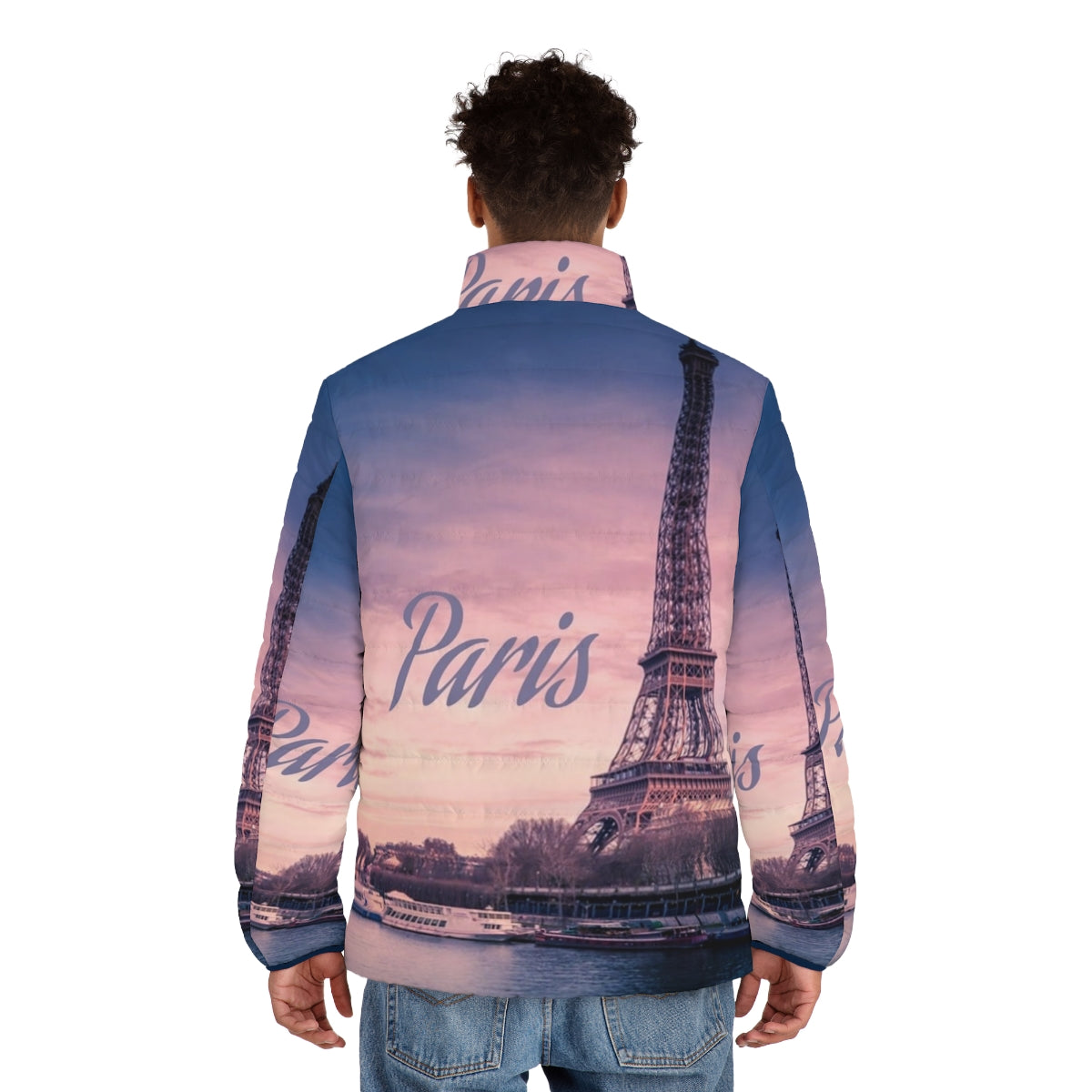 Eiffel Tower puffer jacket for winter in Paris, France - men back