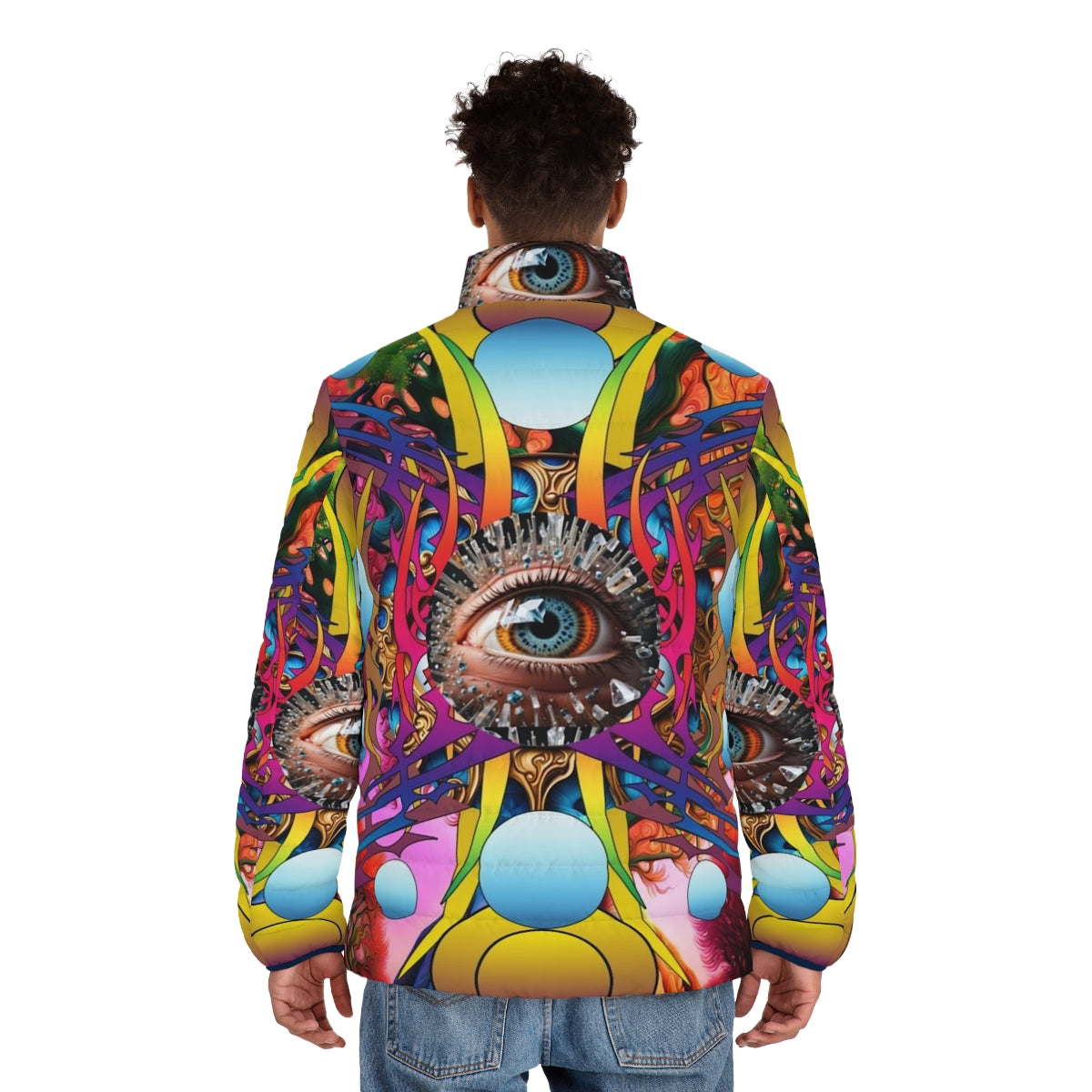 Cosmic Tree Puffer Jacket with abstract, psychedelic nature design - men back