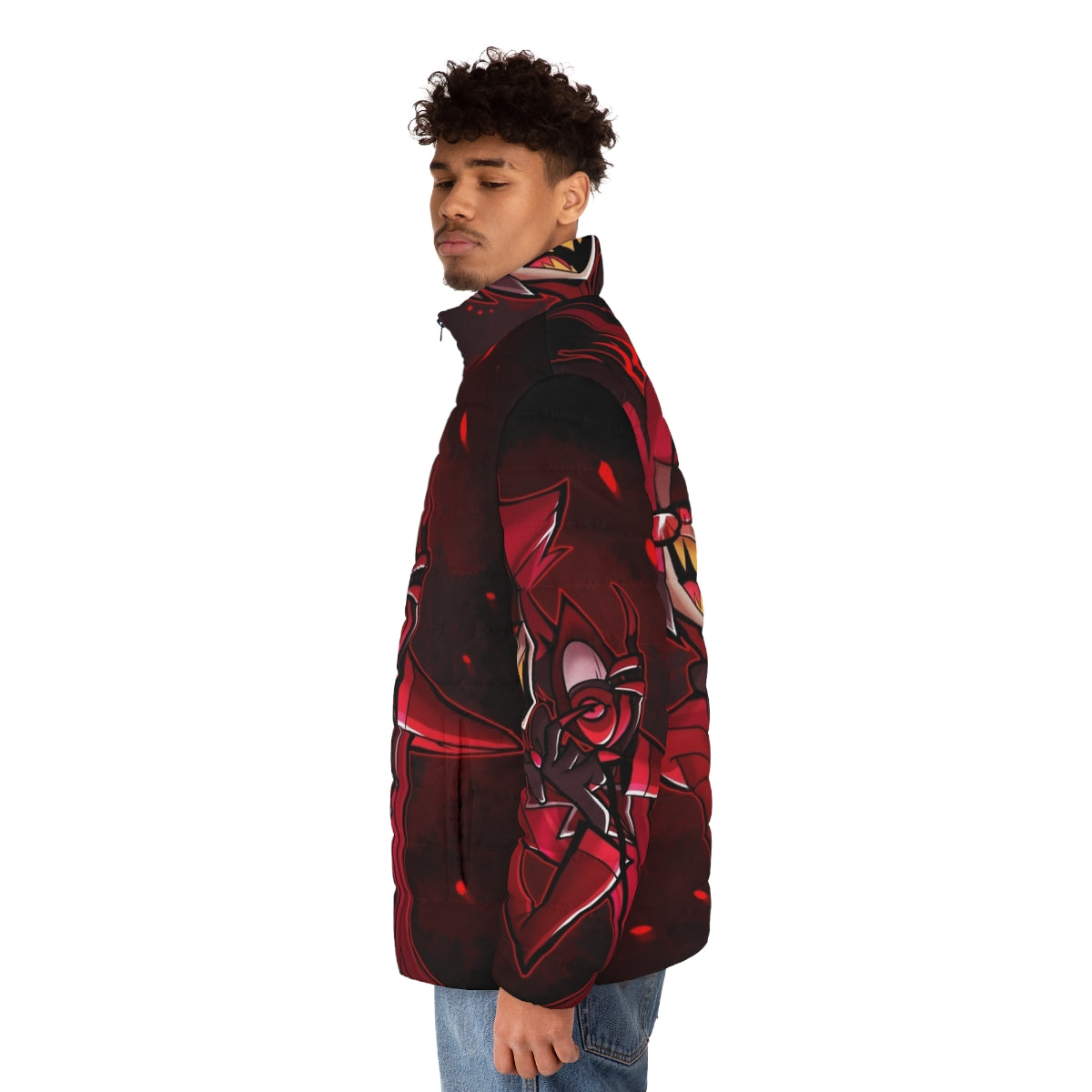 Hazbin Hotel Alastor Puffer Jacket featuring the iconic character design - men side left