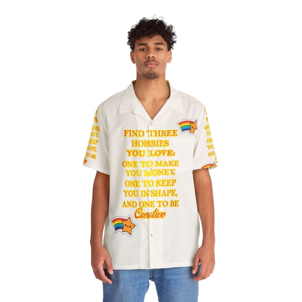 Person wearing a vibrant Hawaiian shirt - People Front