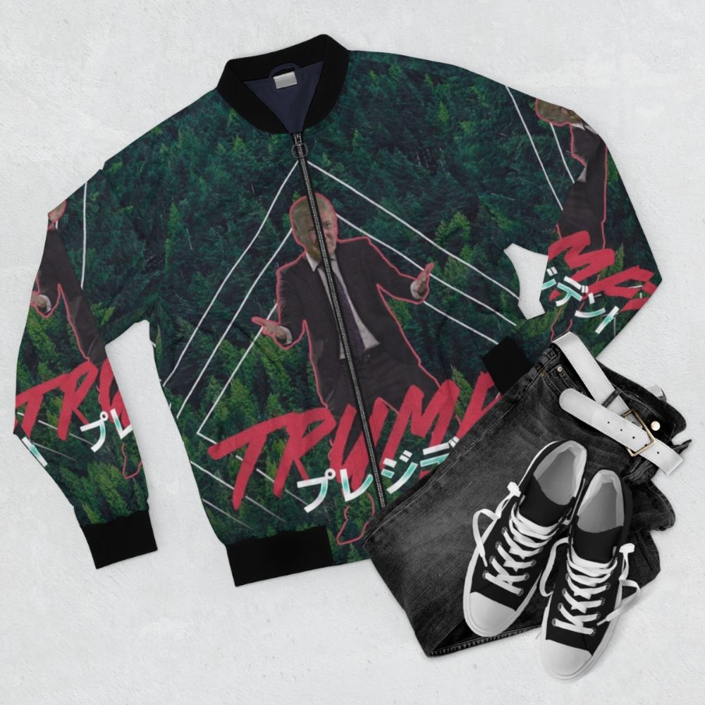 Vaporwave style bomber jacket featuring a retro image of Donald Trump - Flat lay