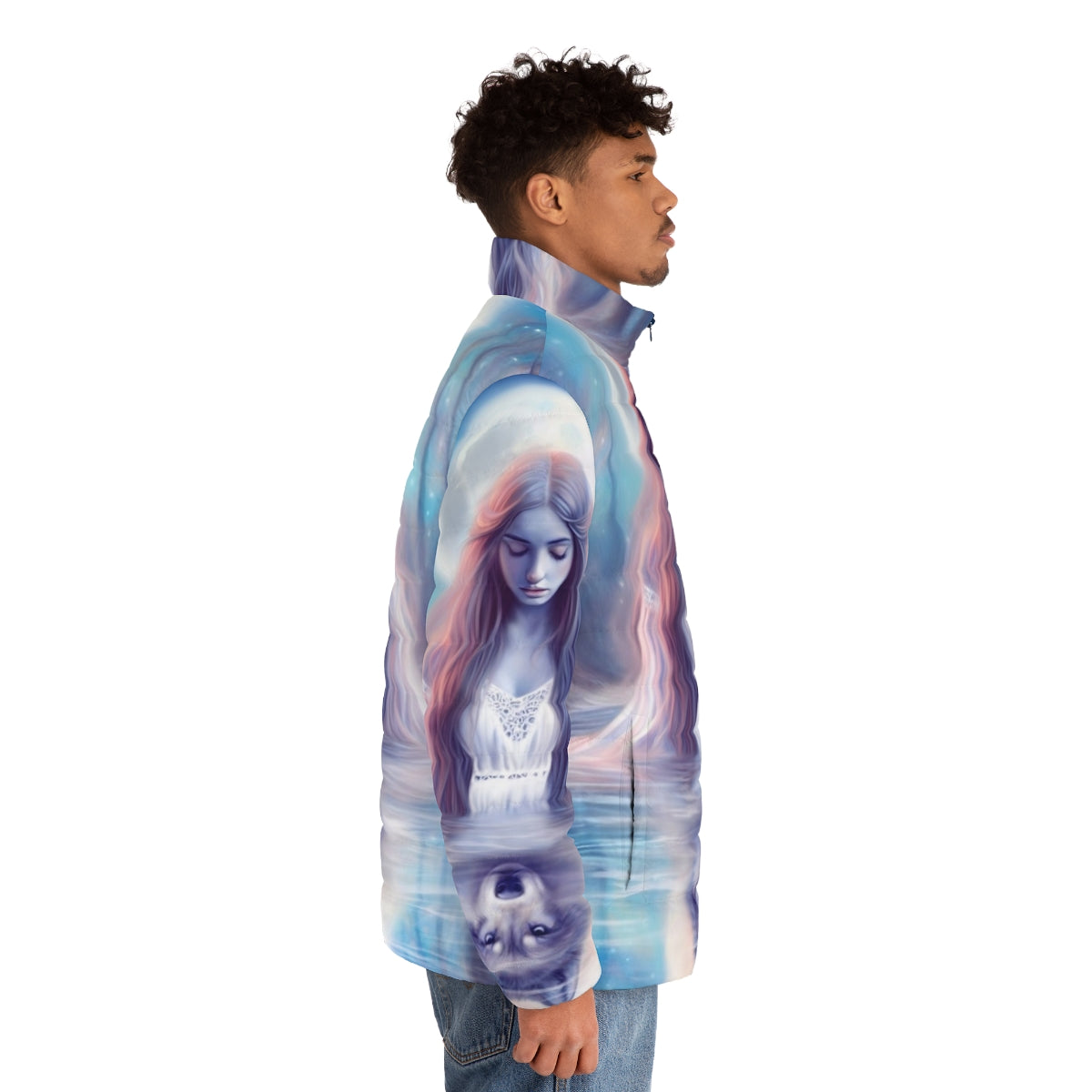 Enchanting pastel puffer jacket featuring a mystical wolf design in a serene forest landscape - men side right