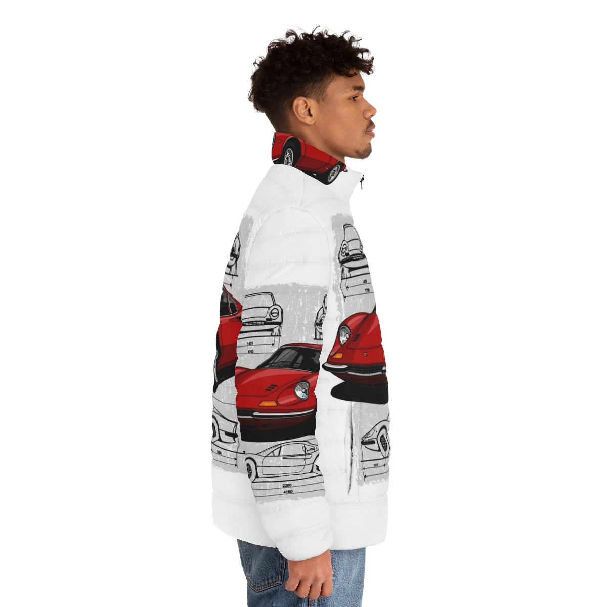 Illustration of a Ferrari Dino 206/246 GTB/GTS sports car printed on a puffer jacket - men side right