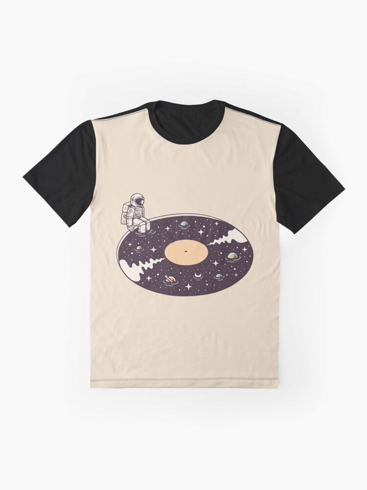 Cosmic Sound Graphic T-Shirt featuring a surreal design of an astronaut, stars, planets, and vinyl record - Flat lay