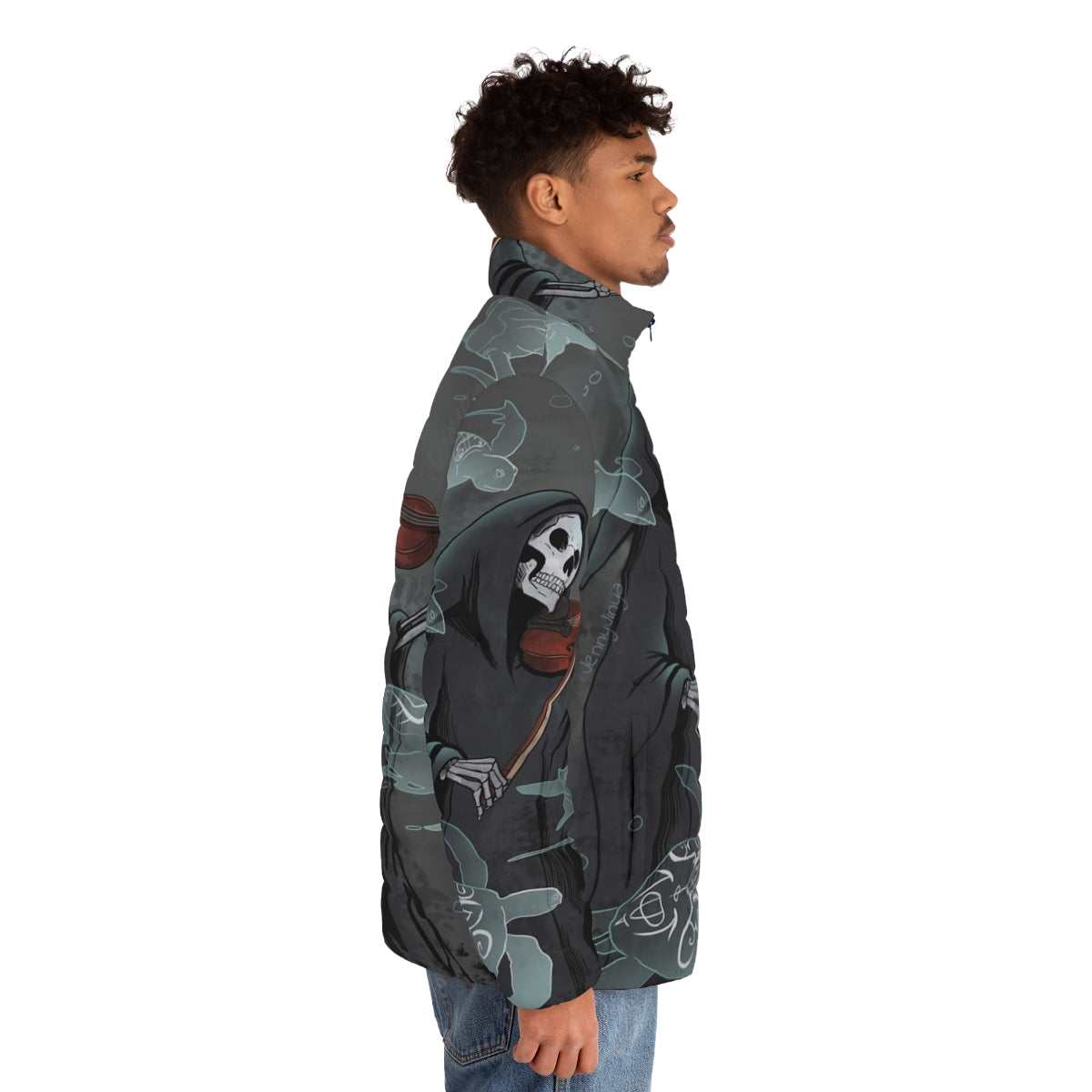 A dark and moody puffer jacket with a symphony and grim reaper design - men side right