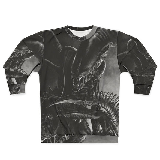 Handdrawn xenomorph alien design on a sweatshirt