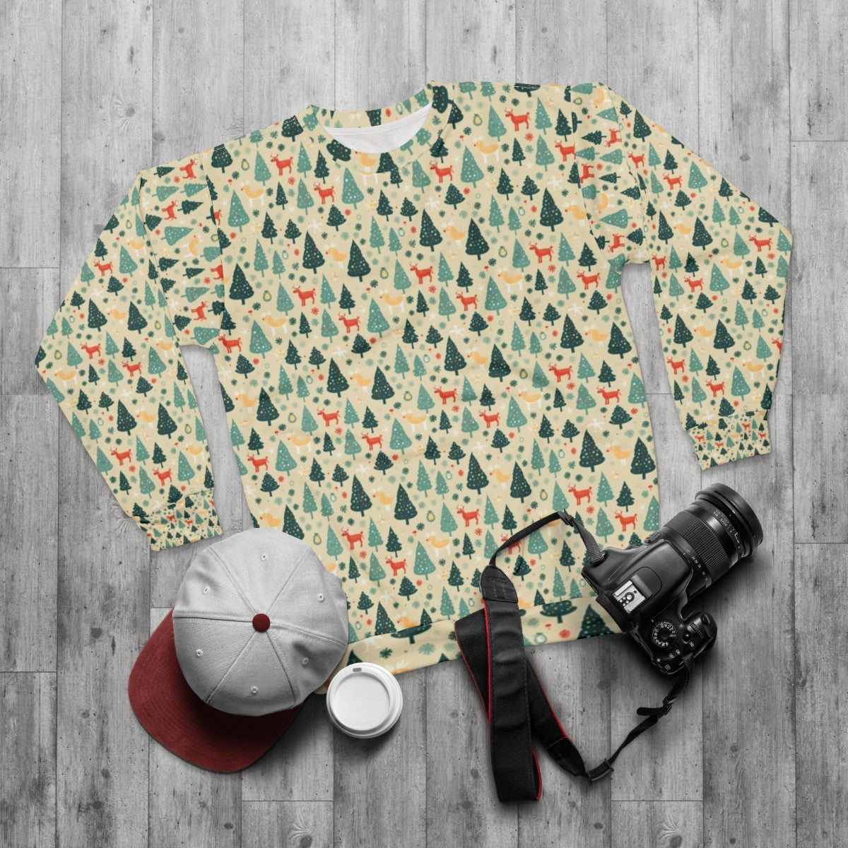 Festive Christmas seamless sweatshirt with reindeer design - flat lay