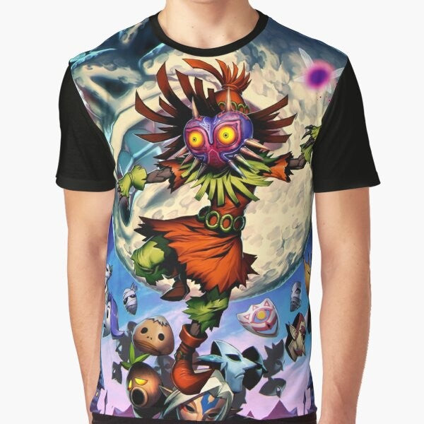 Majora's Mask graphic design on a t-shirt, featuring characters and symbols from the Legend of Zelda video game series.