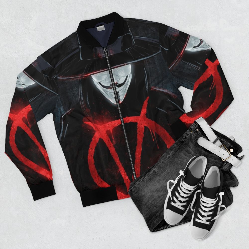 V for Vendetta inspired bomber jacket with Guy Fawkes mask design - Flat lay