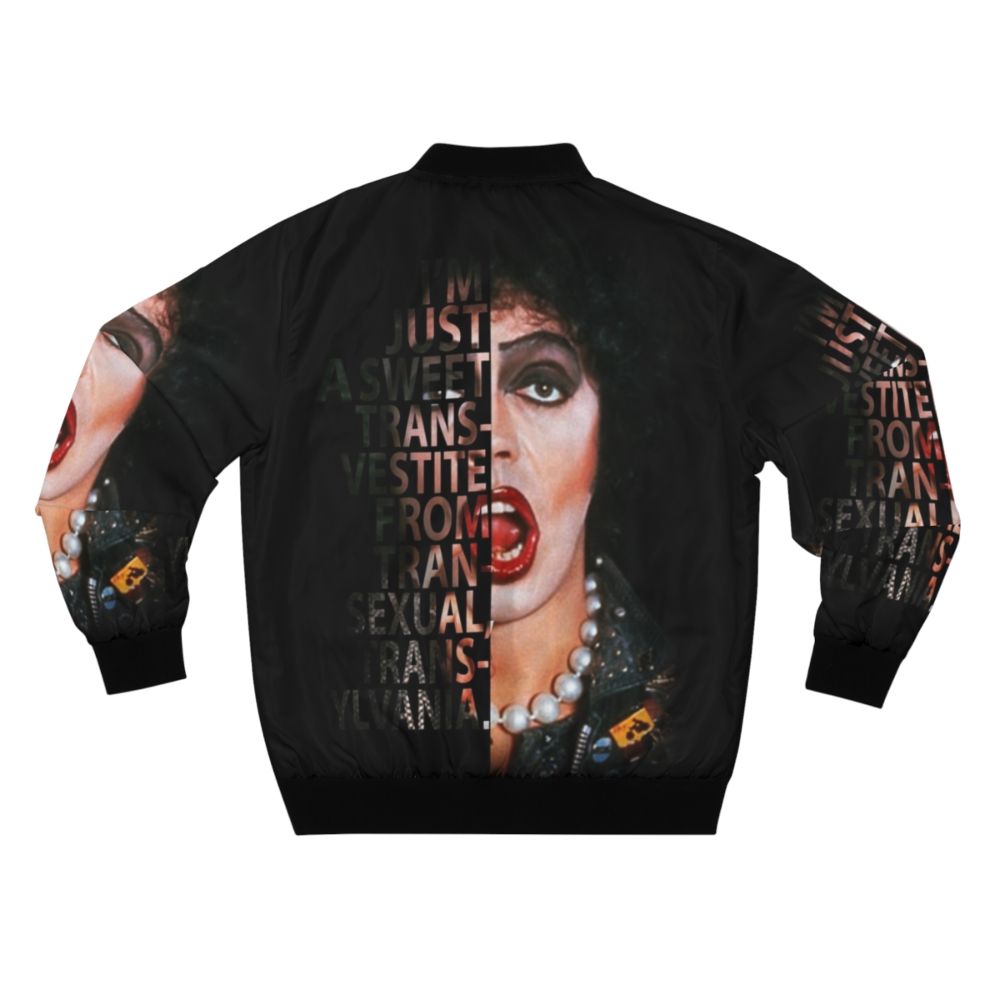 A stylish bomber jacket featuring the iconic Frank N Furter character from the Rocky Horror Picture Show. - Back