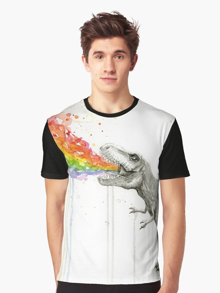 Whimsical watercolor illustration of a T-Rex dinosaur vomiting a colorful rainbow. - Men