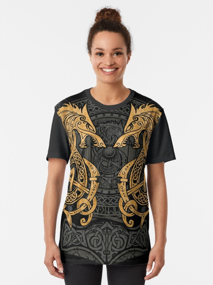 Gold graphic t-shirt featuring Fenrir, the legendary wolf from Norse mythology - Women