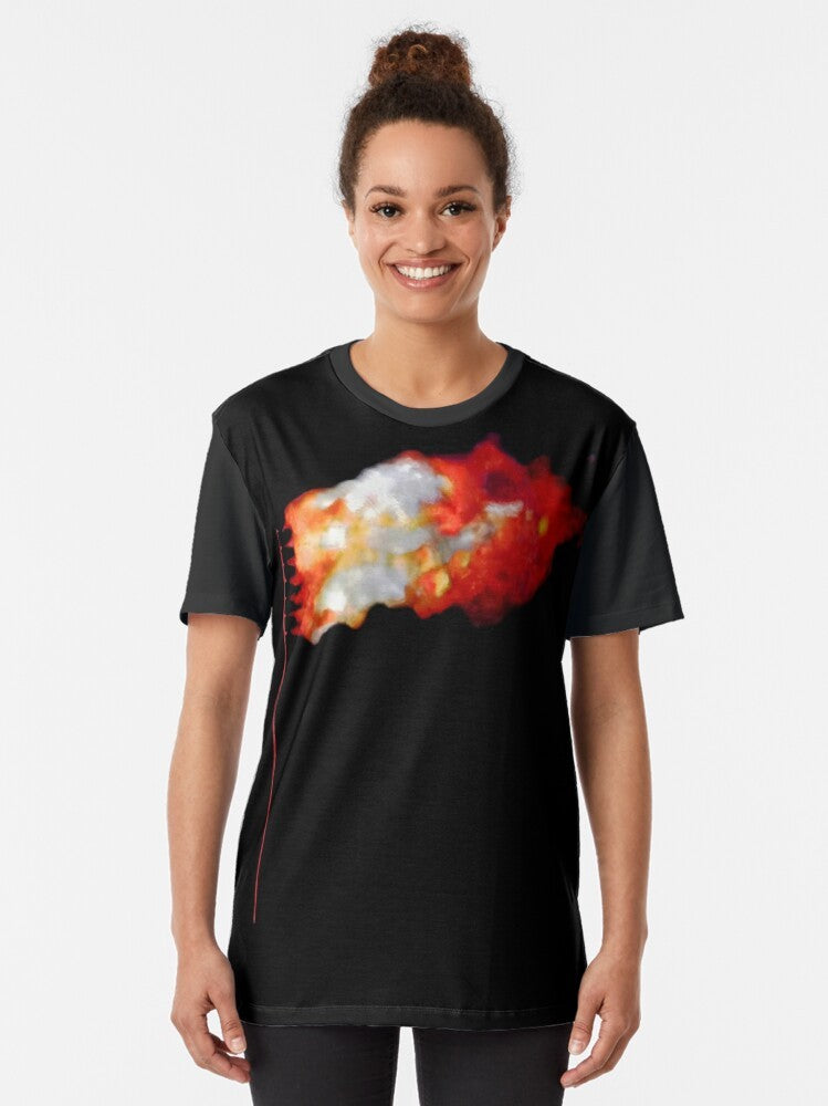 Graphic t-shirt with a burning American flag design, representing political protest. - Women