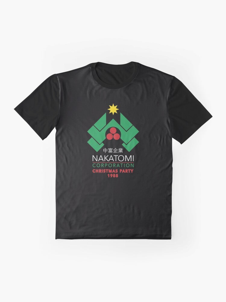 Retro Nakatomi Christmas Party Graphic T-Shirt featuring the iconic die hard movie logo and 80s design - Flat lay