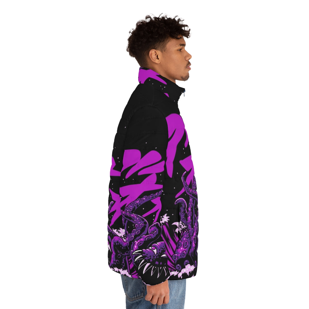 A vibrant puffer jacket featuring a giant octopus or sea monster design, perfect for retro gaming and anime fans. - men side right