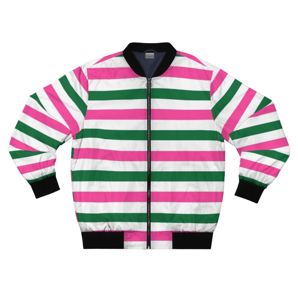 Deckchair-inspired striped bomber jacket in forest green and hot pink