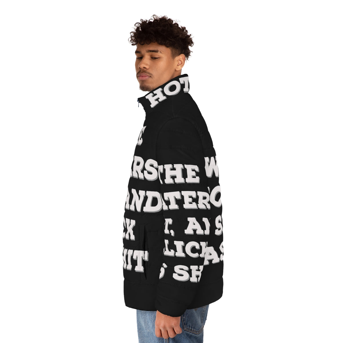 Slick and water-resistant puffer jacket featuring a Big Mouth Netflix quote - men side left