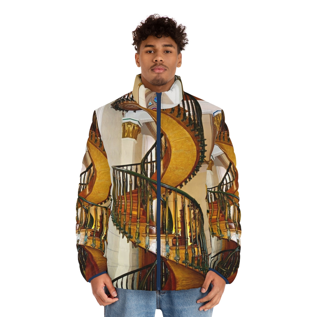 Loretto Chapel Staircase Puffer Jacket featuring the iconic spiral staircase - men front