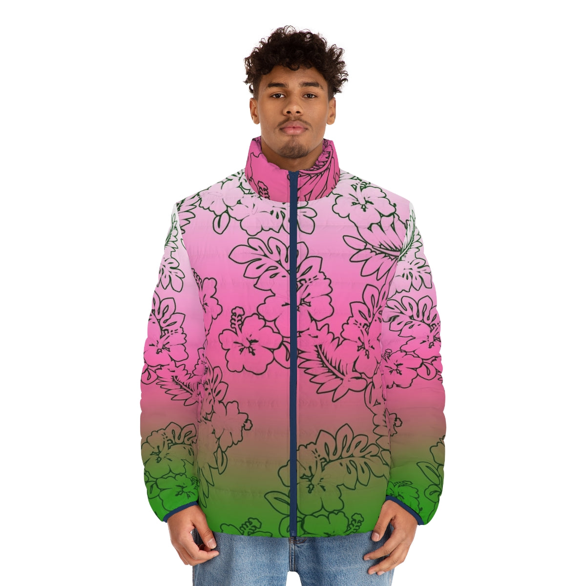 Ombre pink, green, and white puffer jacket with hibiscus flower design - men front